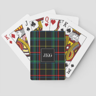 Men's Monogrammed Modern Black Green Plaid Tartan Playing Cards