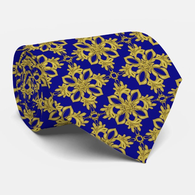 Men's Navy Blue and Faux Gold Pattern Tie (Rolled)