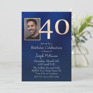 Men's Navy Blue and Gold 40th Birthday Invitation