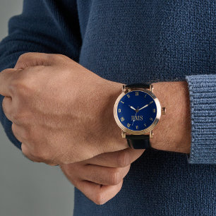 Mens Navy Blue Gold Monogram Black Leather Strap Watch