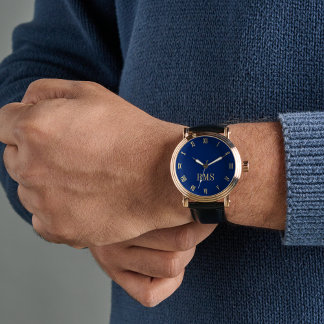 Mens Navy Blue Gold Monogram Black Leather Strap Watch