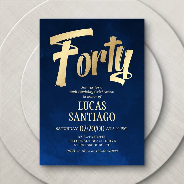 Men's Navy Gold 40th Birthday Invitation (Creator Uploaded)