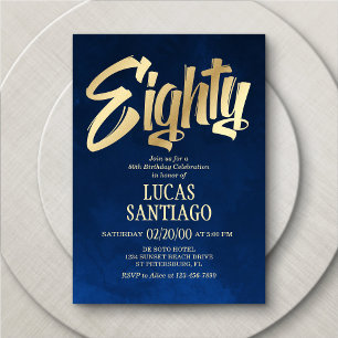 Men's Navy Gold 80th Birthday Invitation