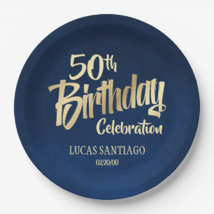 Men's Navy Gold Birthday Paper Plate