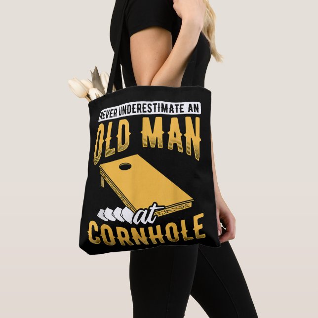 Mens Never Underestimate Old Man Bag Bean Cornhole (Close Up)