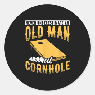 Mens Never Underestimate Old Man Bag Bean Cornhole Classic Round Sticker
