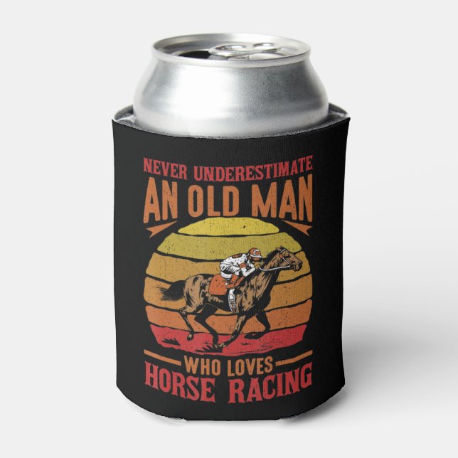 Mens Never Underestimate Old Man Loves Horse Racin Can Cooler (Can Front)