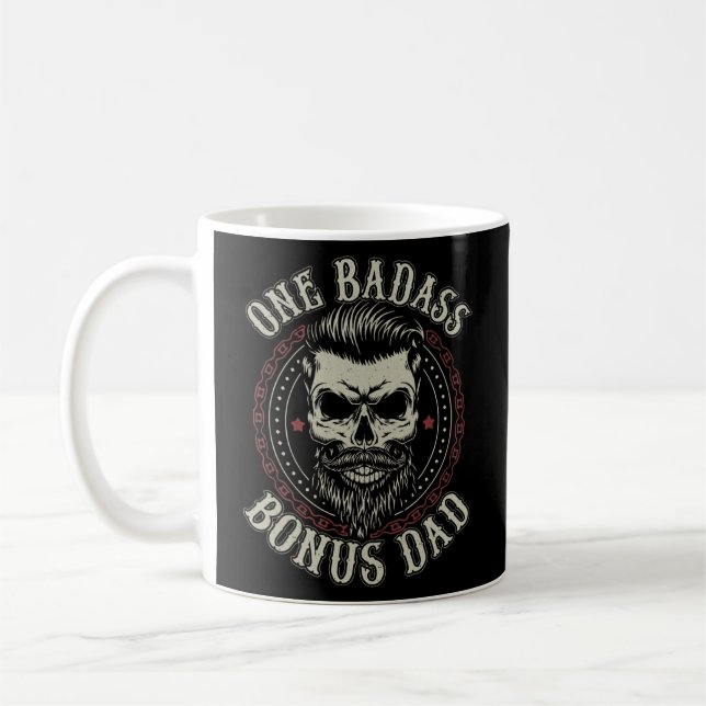 Mens One Badass Bonus Dad Birthday Step Dad Coffee Mug (Left)