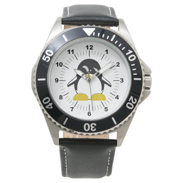 Men's Penguin Black Leather Strap Watch (Front)