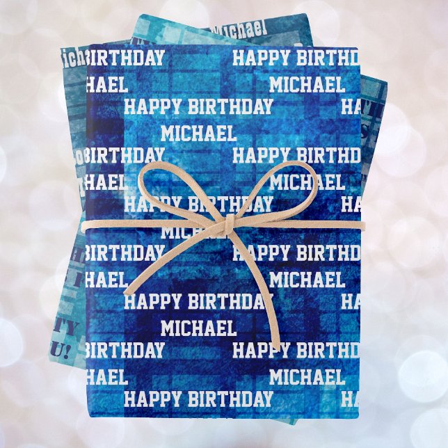 Men's Personalise Birthday Sayings 3 Blue Wrapping Paper Sheet (Creator Uploaded)