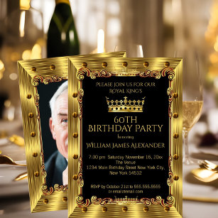 Mens Photo 60th Birthday Party King Crown Gold Invitation