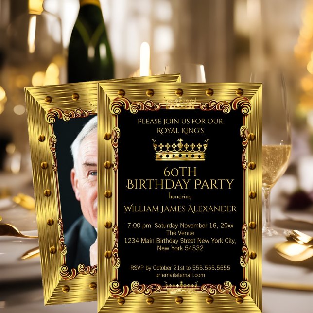 Mens Photo 60th Birthday Party King Crown Gold Invitation (Creator Uploaded)