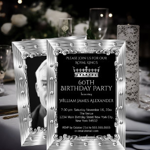 Mens Photo 60th Birthday Party King Silver Crown Invitation