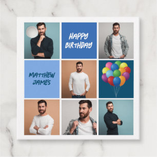 Mens Photo Collage Custom Blue Birthday Party Favour Tags