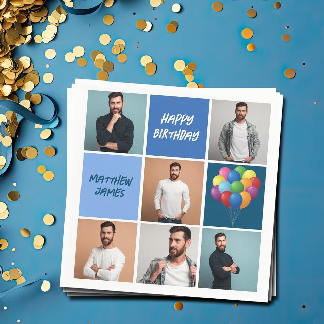 Mens Photo Collage Custom Blue Birthday Party Napkin (Creator Uploaded)
