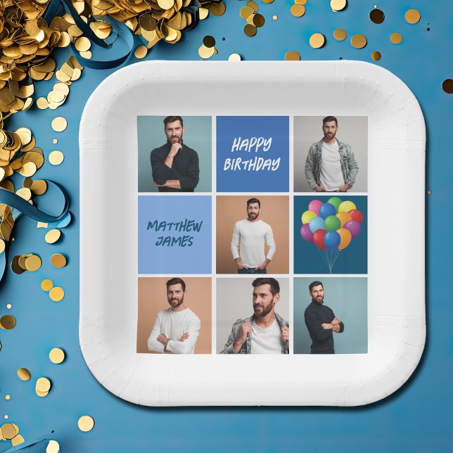 Mens Photo Collage Custom Blue Birthday Party Paper Plate (Creator Uploaded)