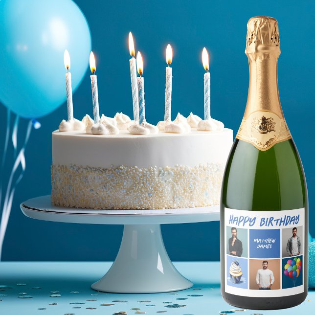 Mens Photo Collage Custom Blue Birthday Party Sparkling Wine Label (Creator Uploaded)