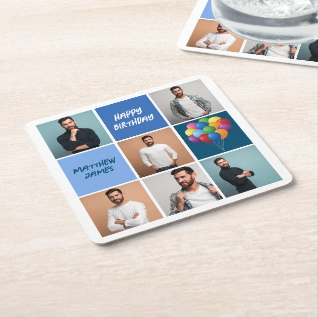 Mens Photo Collage Custom Blue Birthday Party Square Paper Coaster (Angled)