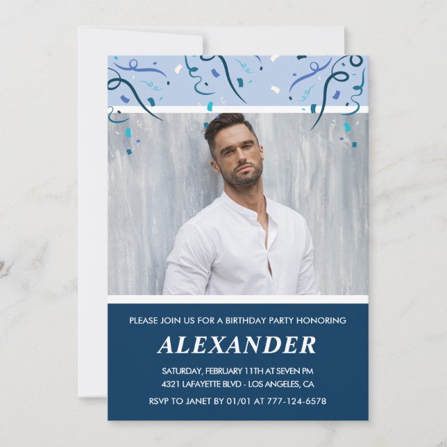 Mens Photo Navy Blue 43rd birthday invitations  (Front)