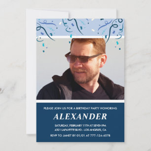 Mens Photo Navy Blue 64th birthday invitations 