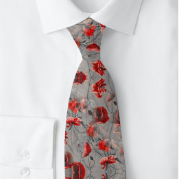 Men's Poppy Red Flowers on Grey Botanical | Tie