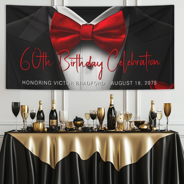 Mens Red Black Tuxedo Birthday Party Banner (Mens red and black tuxedo birthday party and any event banner. Simply add your event details.)