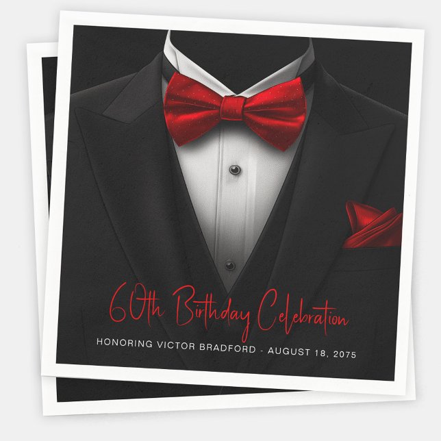 Mens Red Black Tuxedo Birthday Party Napkin (Mens red and black birthday party and any event paper napkins. Add your details, logo, photo, etc.)