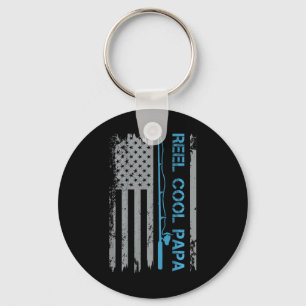 Mens Reel Cool Papa Fishing Us Flag Patriotic 4th Key Ring