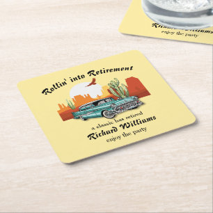 Men's Retirement Retro Classic Blue Car Desert Square Paper Coaster