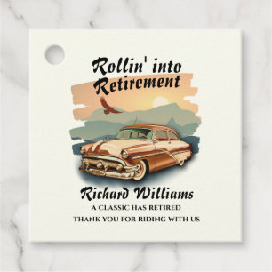 Men's retirement retro classic car desert sunset favour tags