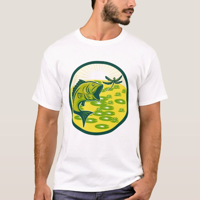 Mens Retro Bass Jumping Dragonfly T-Shirt (Front)