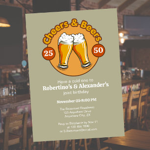 Men's Retro Cheers & Beers Glasses Joint Birthday Invitation
