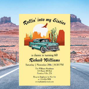 Men's Retro Classic Blue Car Desert 60th Birthday Invitation