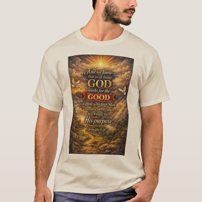 Men's Romans 8:28 Christian Tee Shirt (Front)