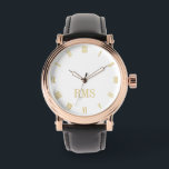 Mens Rose Gold Monogrammed Black Leather Strap Watch<br><div class="desc">Create your own custom, personalised, elegant faux gold monogrammed on white dial, stylish cool unique classy mens rose gold retro vintage classic look style black leather strap watch. Simply type in your name / monogram / initials, to customise. Makes a great gift, for birthday, graduation, fathers day, christmas, holidays, wedding,...</div>