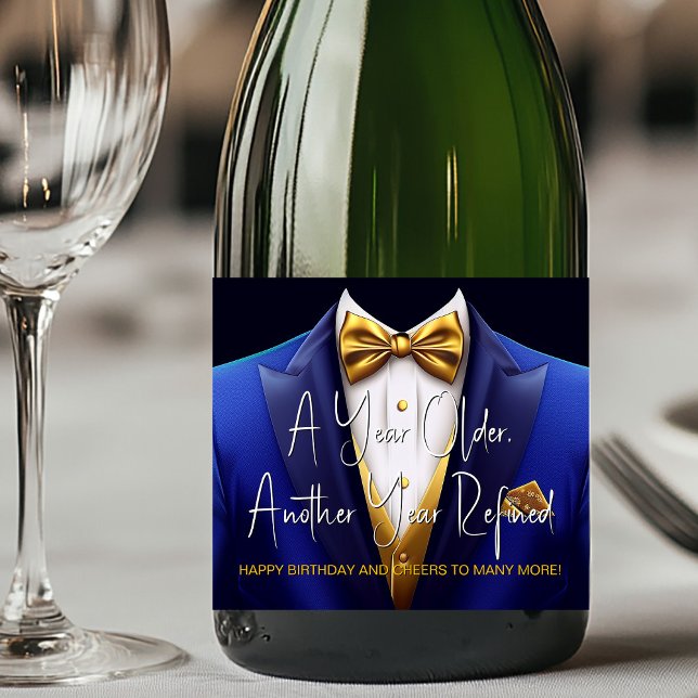 Mens Royal Blue Gold Tuxedo Birthday Champagne  Sparkling Wine Label (Royal blue and gold champagne labels for any event. Add your logo, text, photo, etc., to personalize)