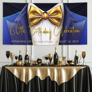 Mens Royal Blue Gold Tuxedo Birthday Party Banner