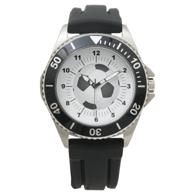 Men's Soccer Ball Black Rubber Strap Watch  (Front)