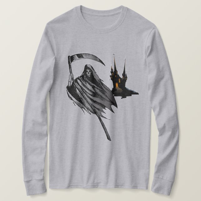 Men's Spooky Grim Reaper Castle Halloween Shirt (Design Front)