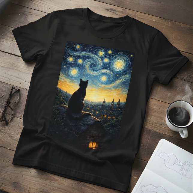 Men's Starry Night  Black Cat & Swirling Sky  T-Shirt (Creator Uploaded)