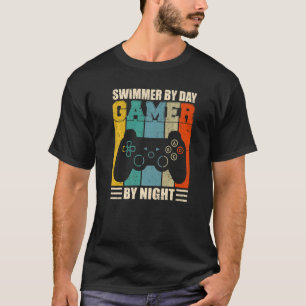 Mens Swimmer Gamer Retro Swimmer By Day Gamer By N T-Shirt