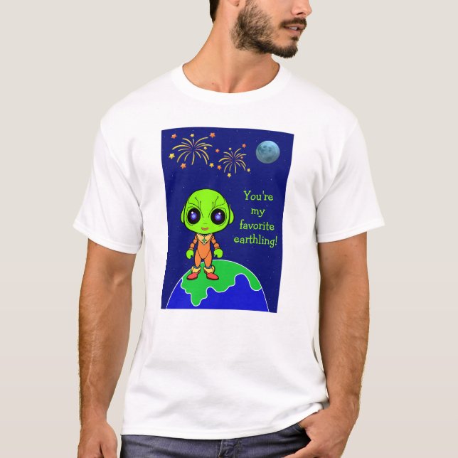 Men's T-Shirt with Alien and Fireworks for new Dad (Front)