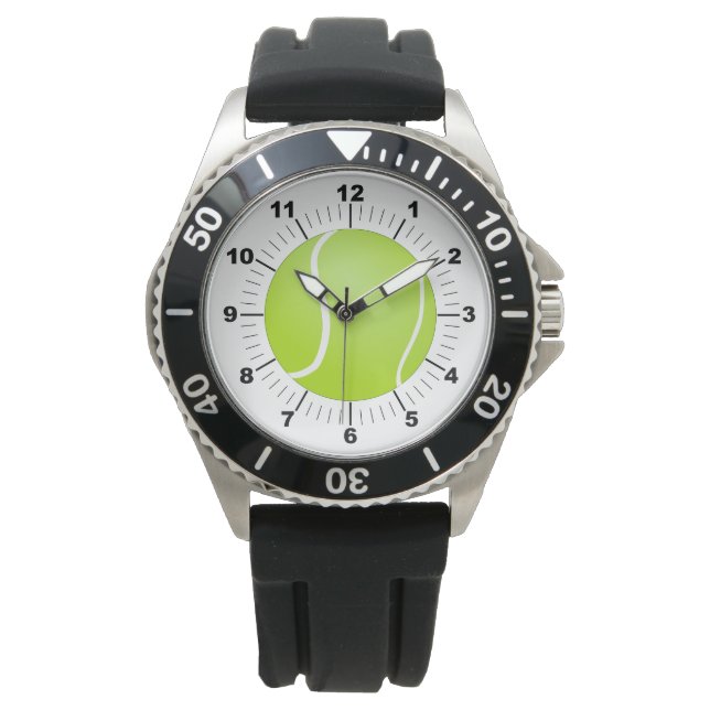 Men's Tennis Ball Black Rubber Strap Watch  (Front)