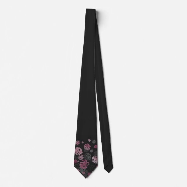 Men's Tropical Monstera Leaf Print Black Necktie (Front)