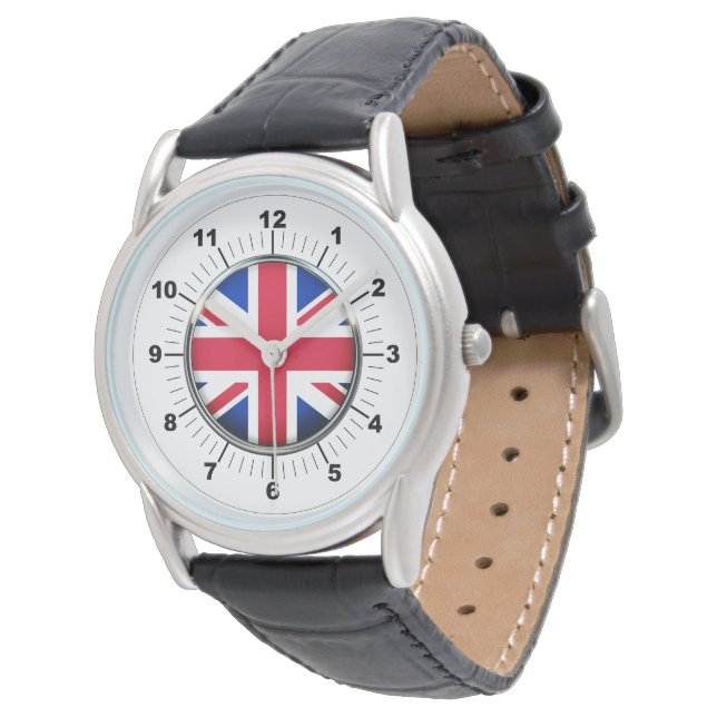 Men's UK Flag Black Leather Strap Watch (Angled)