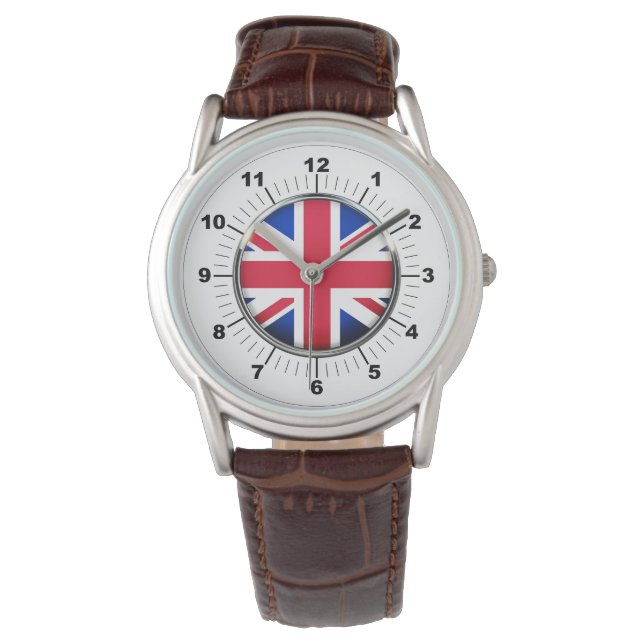 Men's UK Flag Classic Brown Leather Strap Watch (Front)
