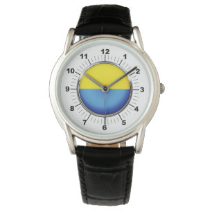 Men's Ukraine Flag Crown Black Leather Strap Watch