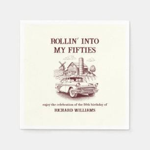 Men's Vintage Barn Car Rollin' into 50th Birthday Napkin