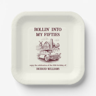 Men's Vintage Barn Car Rollin' into 50th Birthday Paper Plate