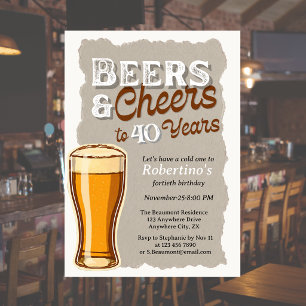 Men's Vintage Cheers & Beers Glass 40th Birthday Invitation